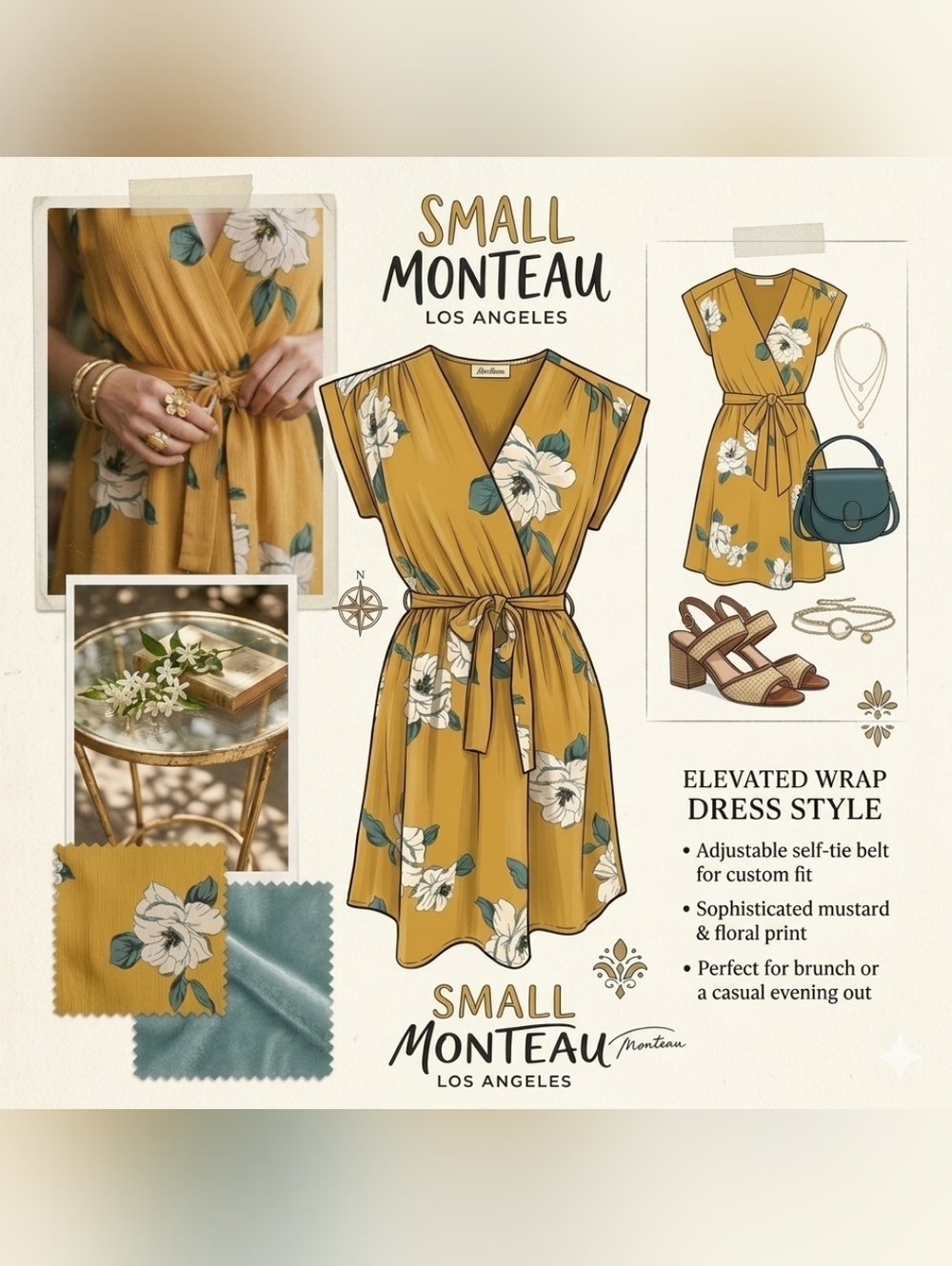 Monteau Los Angeles Floral Wrap Dress Sz S Mustard Yellow Tie Waist Boho Mini
